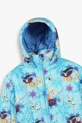 Frozen Kids Puffer Jacket | Winter Hooded Coat with Elsa, Anna & Olaf Print